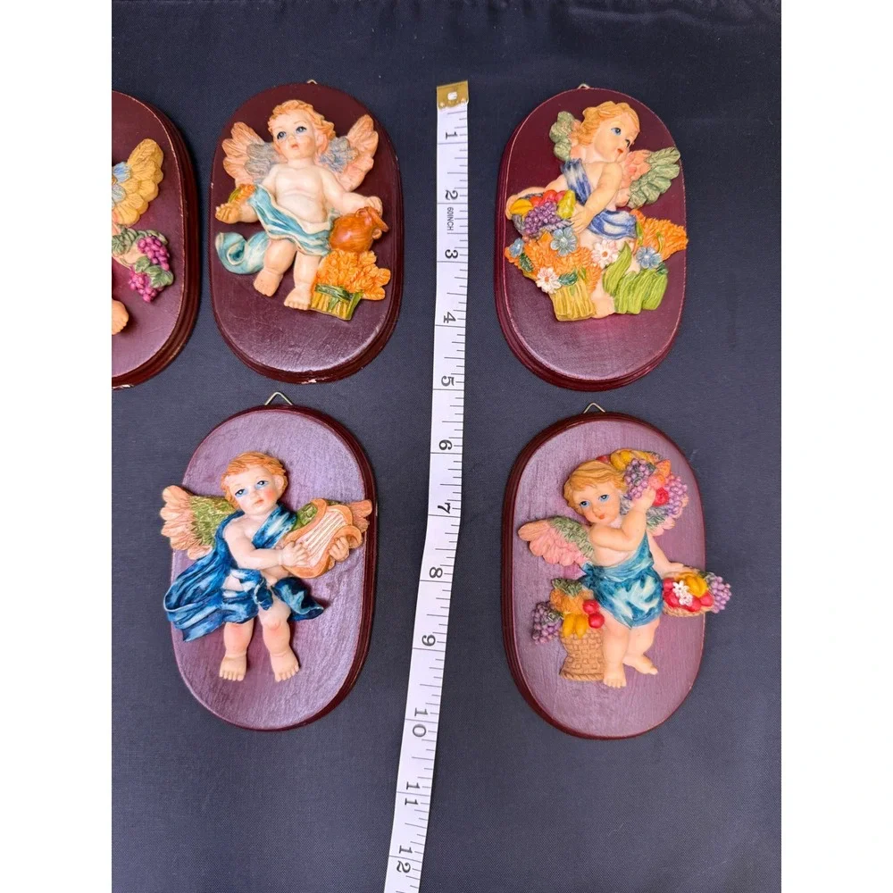 Vintage Cherub Angel Wall Plaques Set of 5 3D Relief Wood Base‎ Burgundy Decor